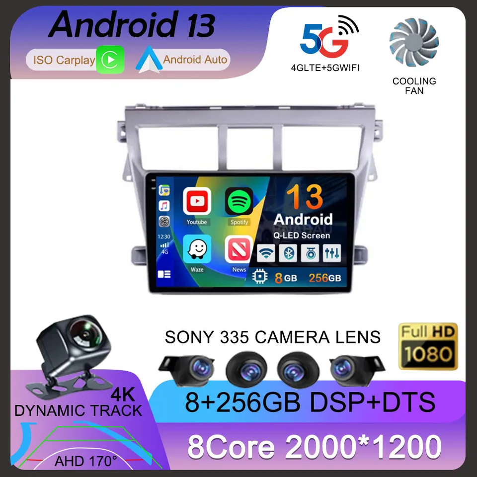Android 13 CarPlay Auto Car Radio pre Toyota Vios Yaris 2007 2008 2009 2010-2012