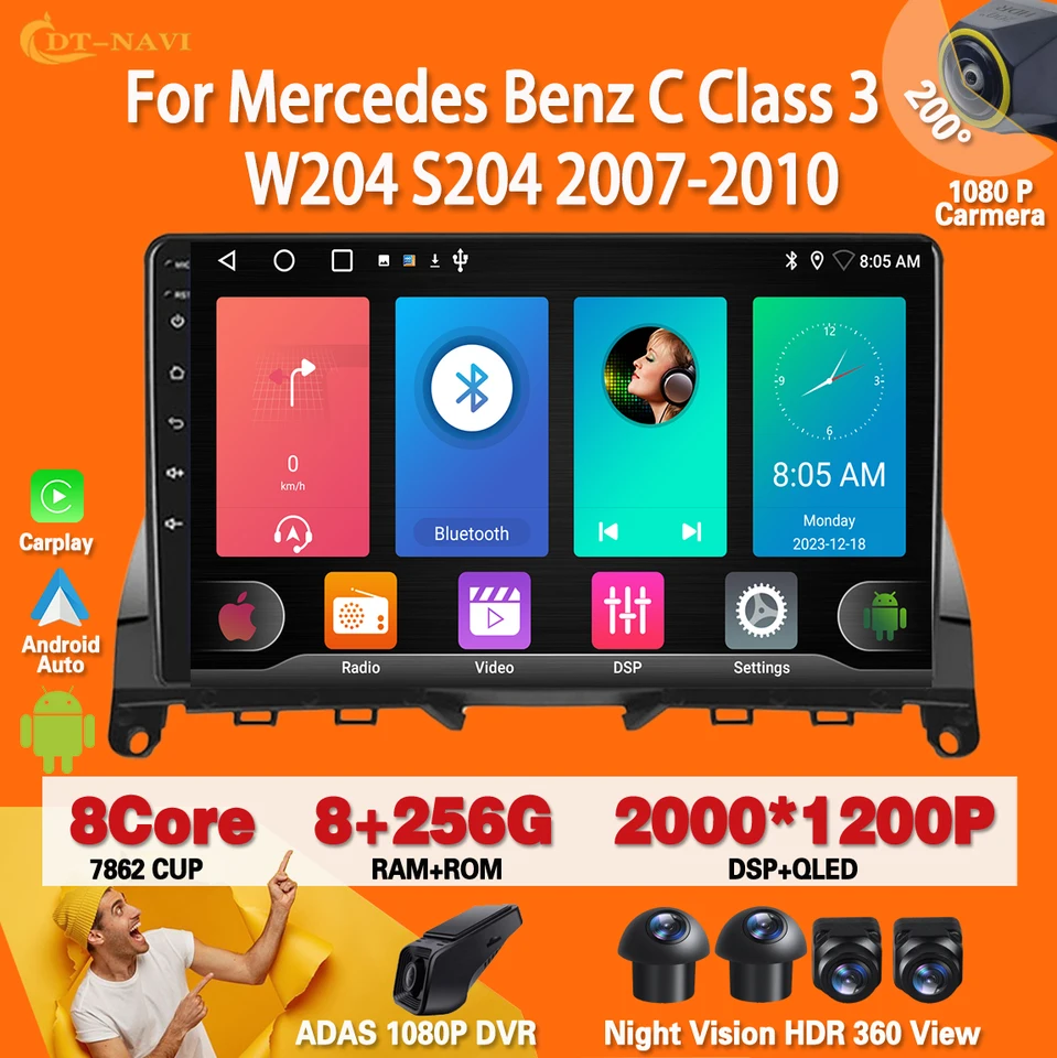 Android 13 pre Mercedes Benz C Class 3 W204 S204 2007-2010 Car Carplay Auto rádio Stereo multimediálne hráč navigácia GPS 4G 4G