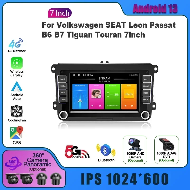 Android 13 pre sedadlo Volkswagen VW Leon Passat B6 B7 Tiguan Touran 7inch CarPlay Android Radio GPS Screen Screen Console