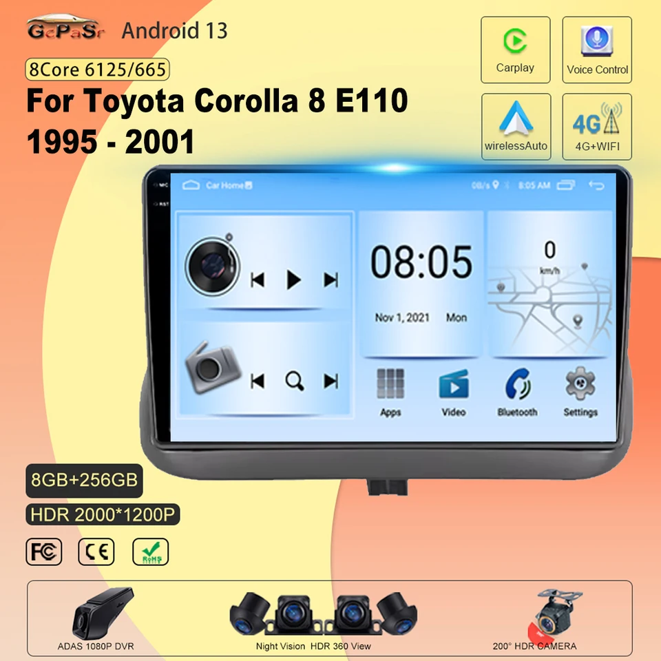 Android 13 pre Toyota Corolla 8 E110 1995 - 2001 CAR DVD BT Navigation GPS GPS Vysokoúčinná obrazovka HDR QLED č. 2DIN DVD 5G WIFI