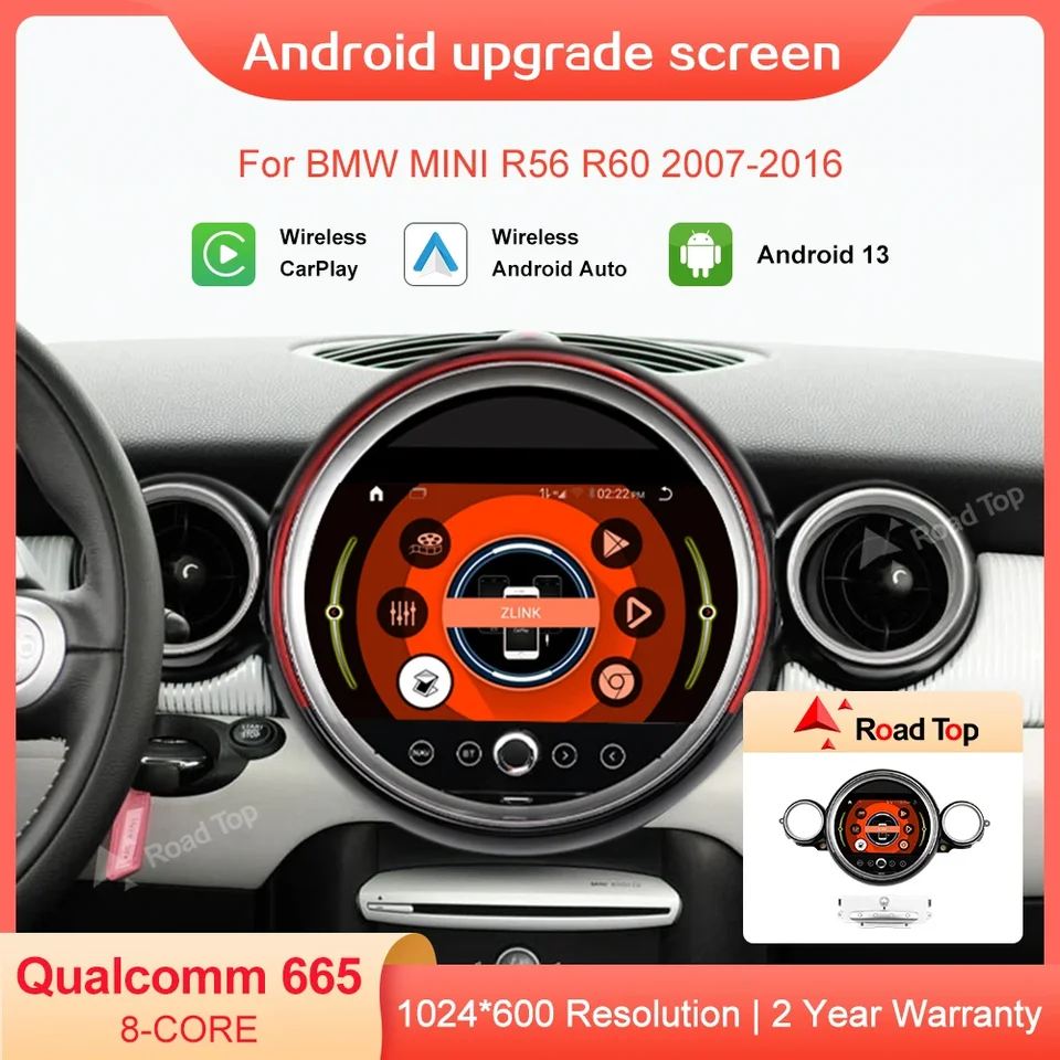 Android 13 Radio Screen Multimedia Player Monitor automobilu pre BMW Mini Cooper R56 R60 2007-2016 GPS Navigation WiFi Wifi Wireless CarPlay