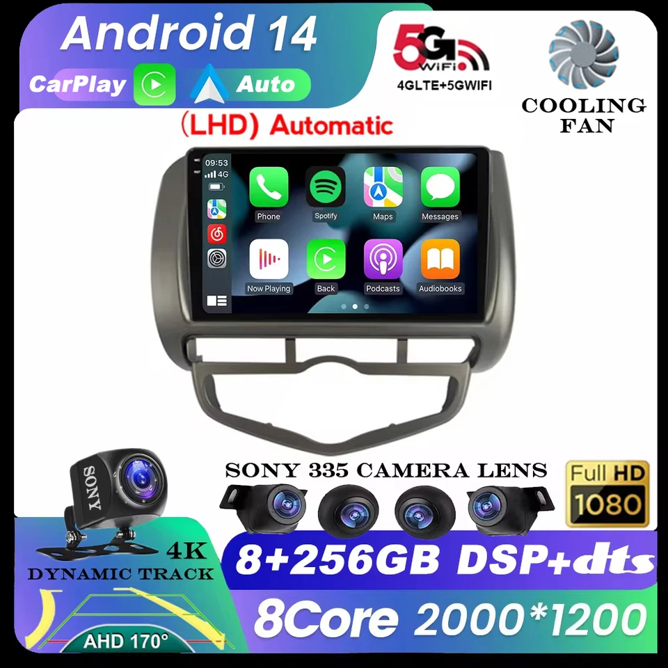 Android 14 Auto CarPlay 2 DIN Car Auto Radio pre Honda Jazz City 2002 - 2007 HD Multimedia Video Player Stereo GPS 360 Fotoaparát WiFi+4G
