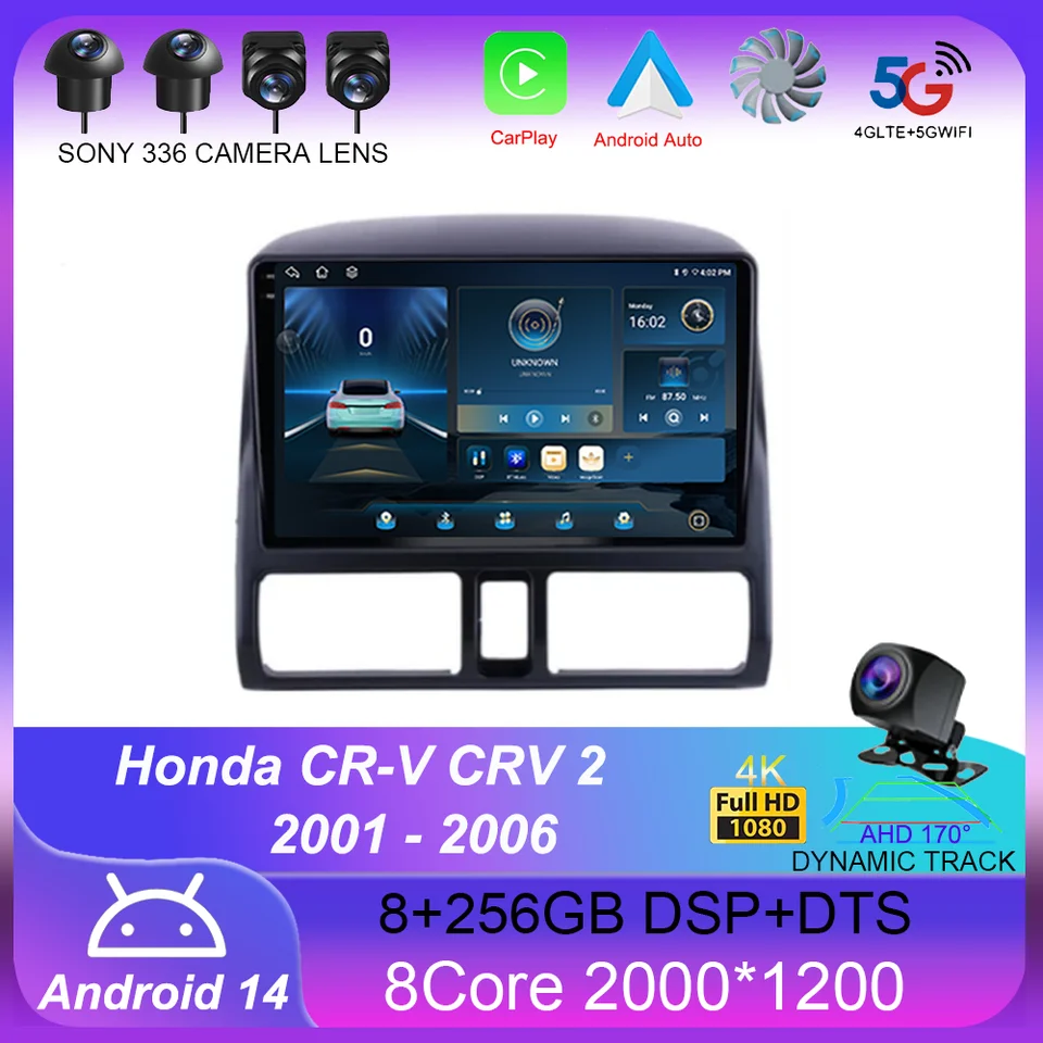 Android 14 Auto Multimedia Video Player pre Honda CR -V CRV 2 2001 - 2006 CARPLAY GPS 2 DIN 360 COMOAN COMERION COOLING FAN FAN QLED