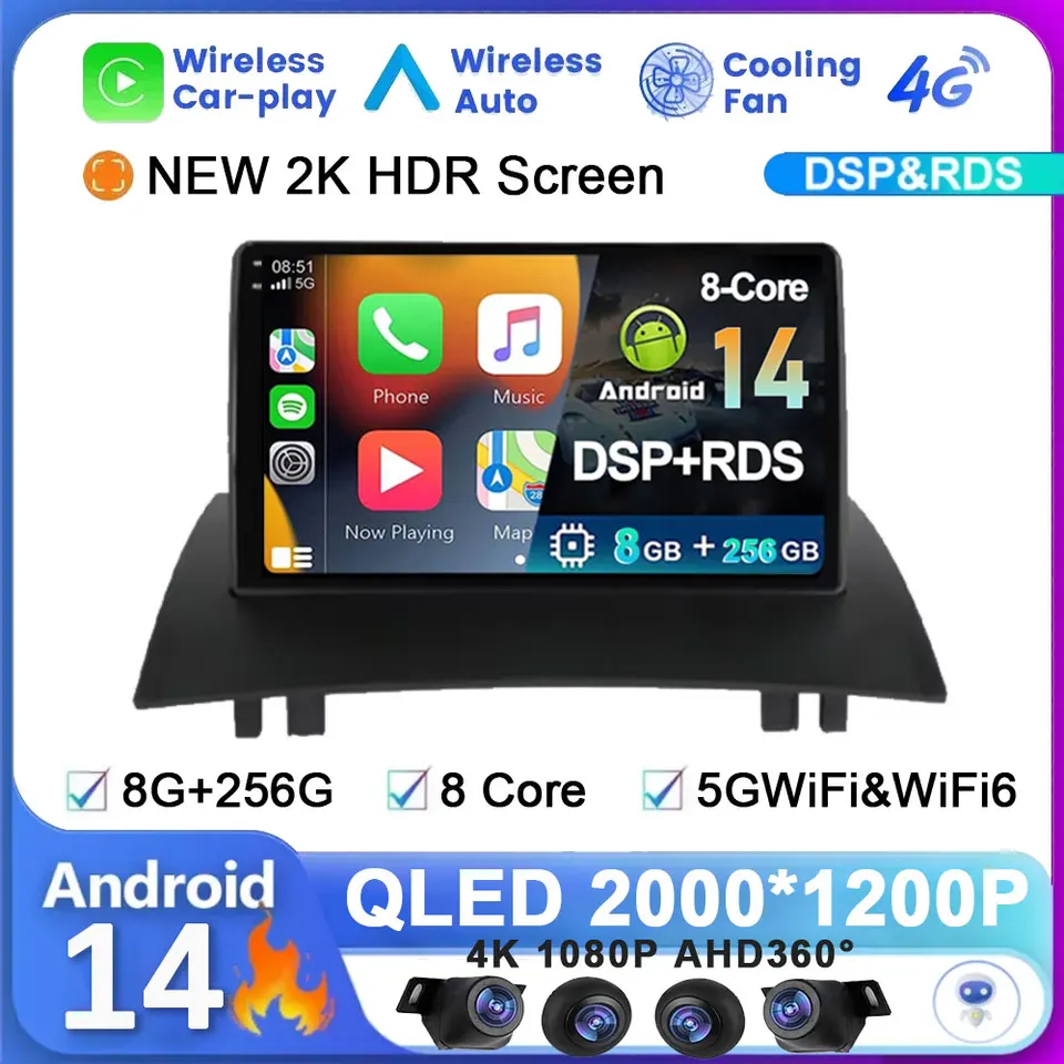 Android 14 Automobilové rádio Wireless CarPlay Stereo Multimedia Video Player pre Renault Megane 2 2002-2009 Hlavná jednotka navigačných nástrojov