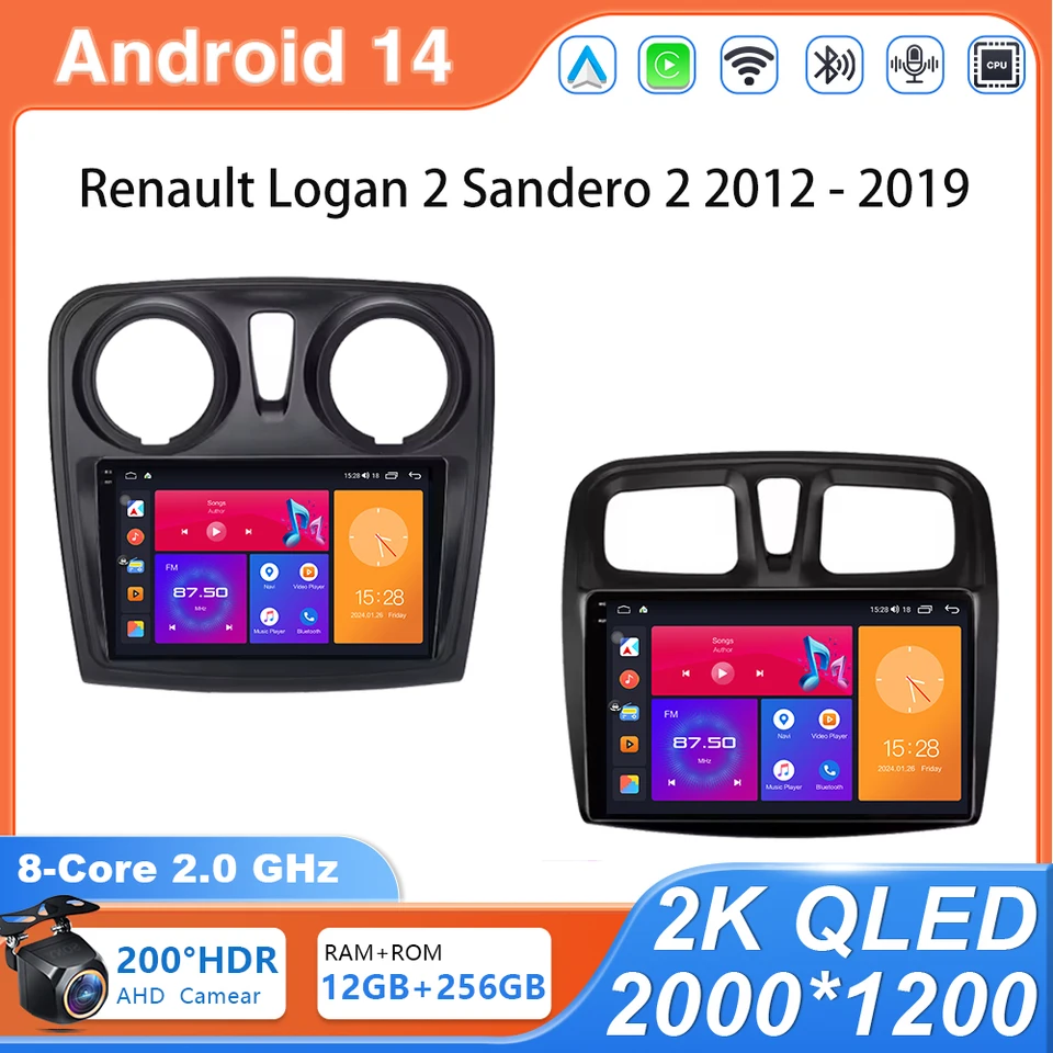 Android 14 Car Auto pre Renault Logan 2 Sandero 2 2012 - 2019 multimediálny automobil Stereo Radio Player GPS CarPlay WiFi 4G 2 DIN DVD