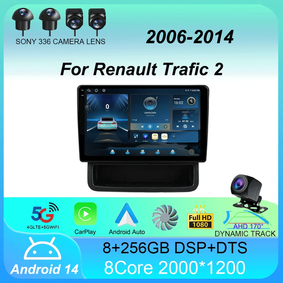 Android 14 Car Radio CarPlay Auto pre Renault Trafic 2 pre Opel Vivaro A pre Nissan Primastar 2006 - 2014 2 DIN GPG Video Stereo