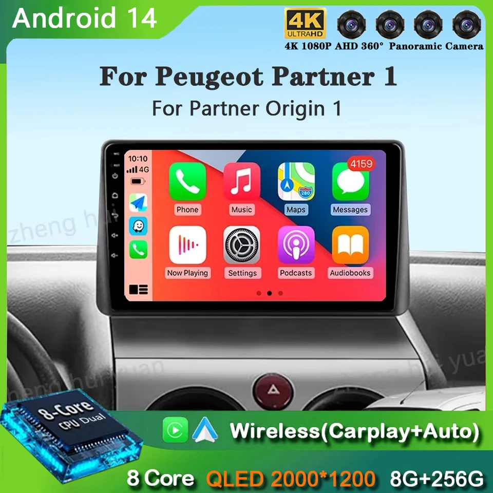 Android 14 Car Radio CarPlay pre Peugeot Partner 1 2002 - 2008 Partner Origin 1 2008-2011 Android Auto Multimedia Player Stereo