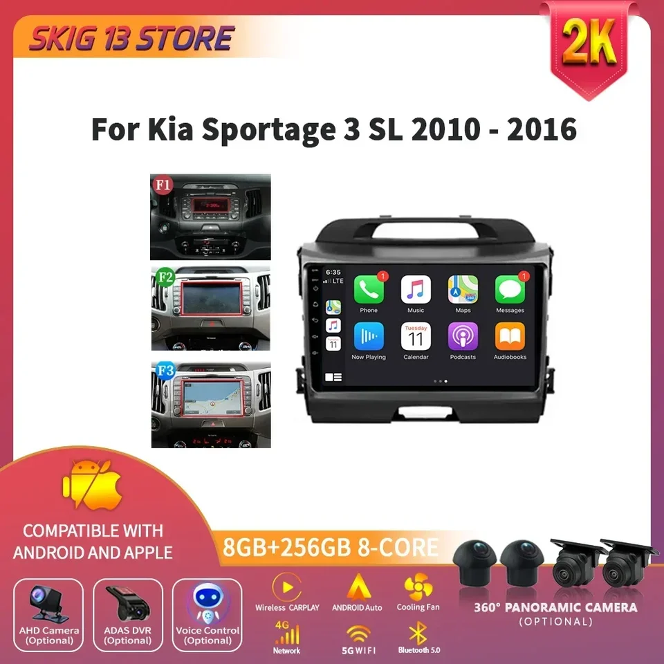Android 14 Car Radio Multimedia Navigation Central pre Kia Sportage 3 SL 2010-2016 Wireless CarPlay Stereo GPS Hlava Unit Screen Screen