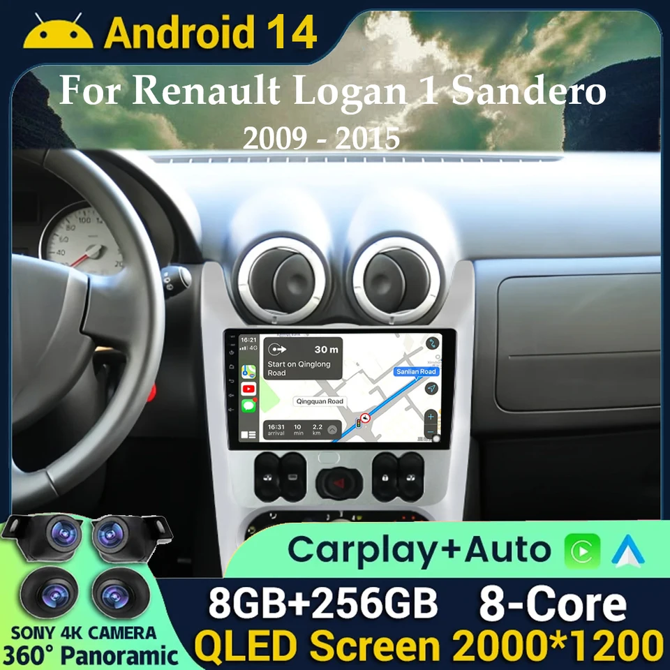 Android 14 Car Radio Multimedia pre Lada Renault Logan 1 Sandero 2009-2015 Dacia Duster CarPlay Auto Navigation Head Unit Stereo
