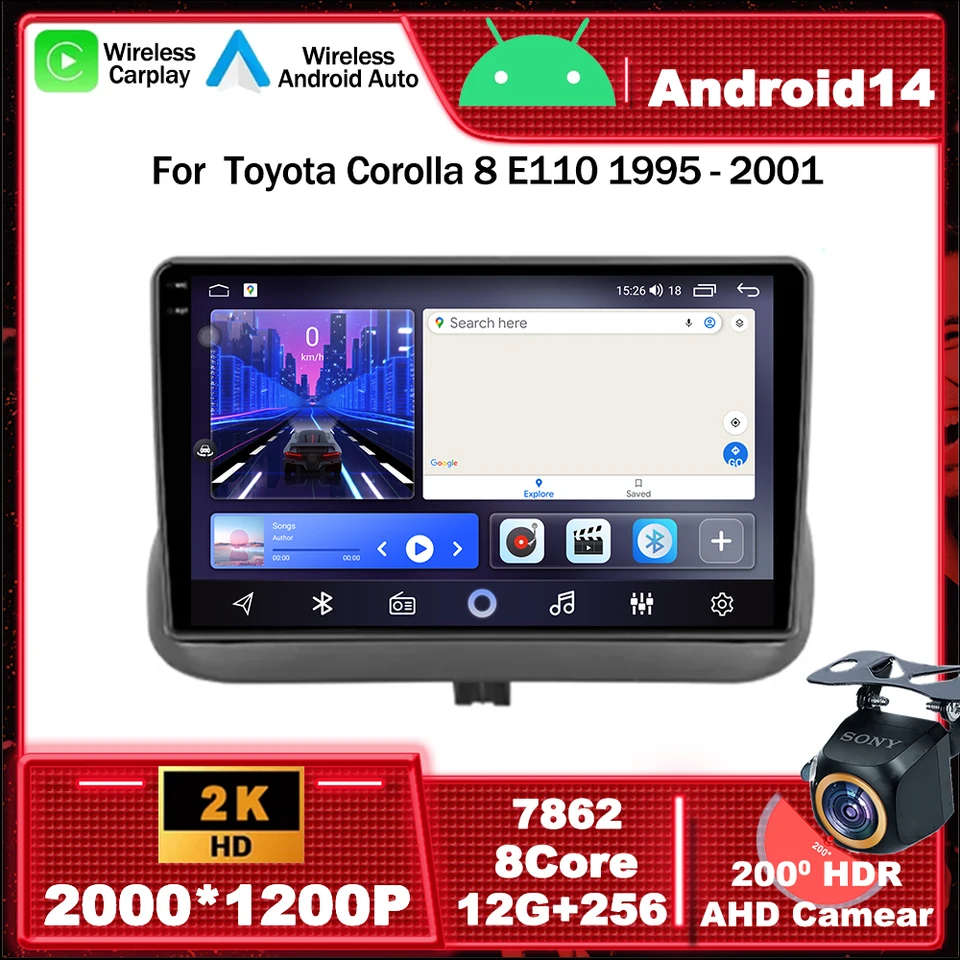 Android 14 Car Radio Multimedia Video Player Navigation GPS pre Toyota Corolla 8 E110 1995 - 2001 CarPlay Auto BT 4G Nie 2Din DVD