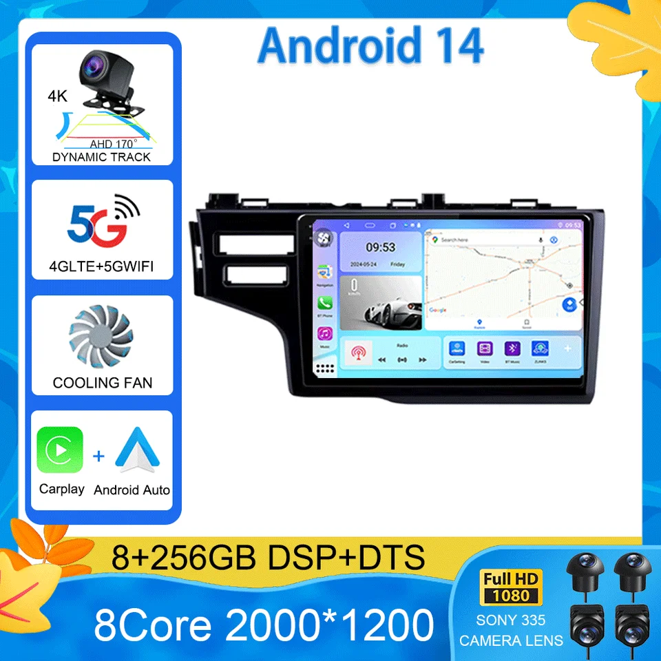 Android 14 Car Radio pre Honda Jazz 3 2015 - 2020 Fit 3 GP GK 2013-2020 QLED Multimedia Player GPS Navigation BT CarPlay Auto Auto