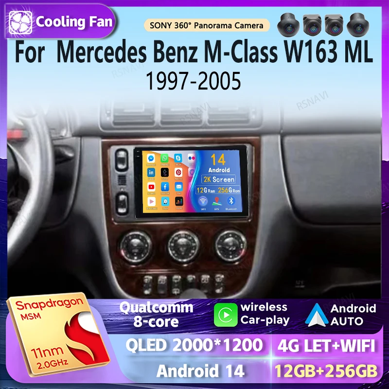Android 14 Car Radio pre Mercedes Benz M -Class W163 ML 1997 - 2005 navigácia multimediálny hráč stereofónny wifi+4G video carplay bt bt
