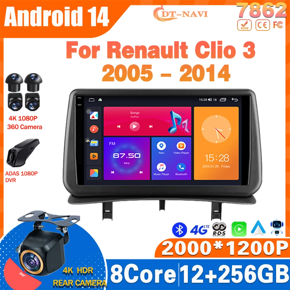 Android 14 Car Radio pre Renault Clio 3 2005 - 2014 Multimidia Video Player Navigation CarPlay Head Unit č. 2Din DVD WiFi 4G BT