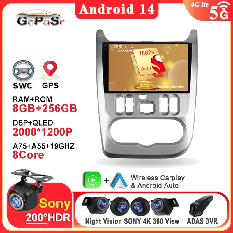 Android 14 Car Radio pre Renault Logan 1 Sandero 2009 - 2015 pre Dacia Duster 2010 - 2017 Stereofónna dotyková obrazovka GPS navigácia