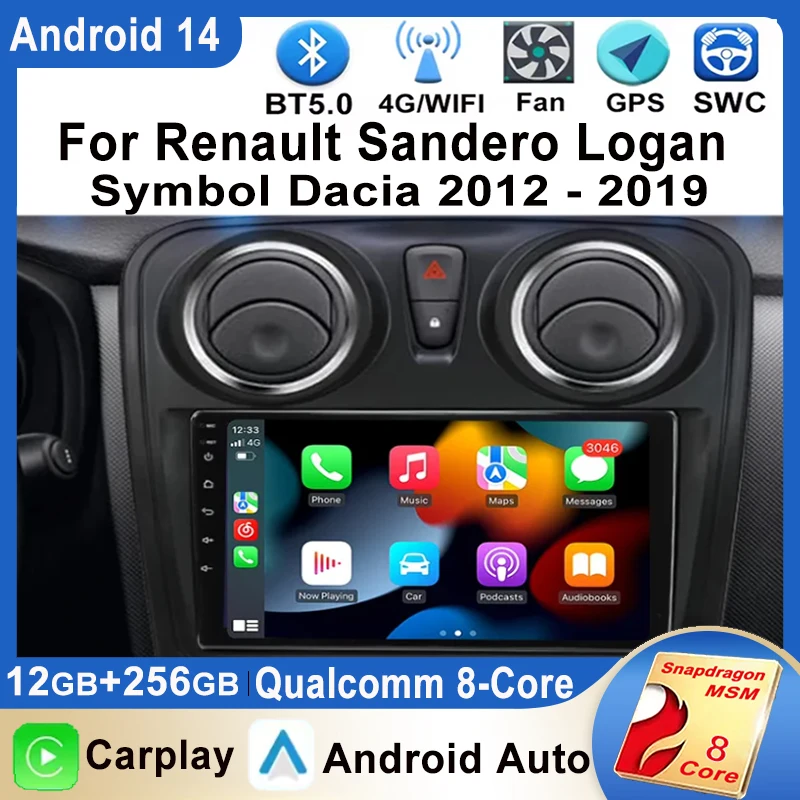 Android 14 Car Radio pre Renault Sandero Logan Symbol Dacia 2012 - 2019 multimediálny video prehrávač CarPlay GPS Android Auto Stereo