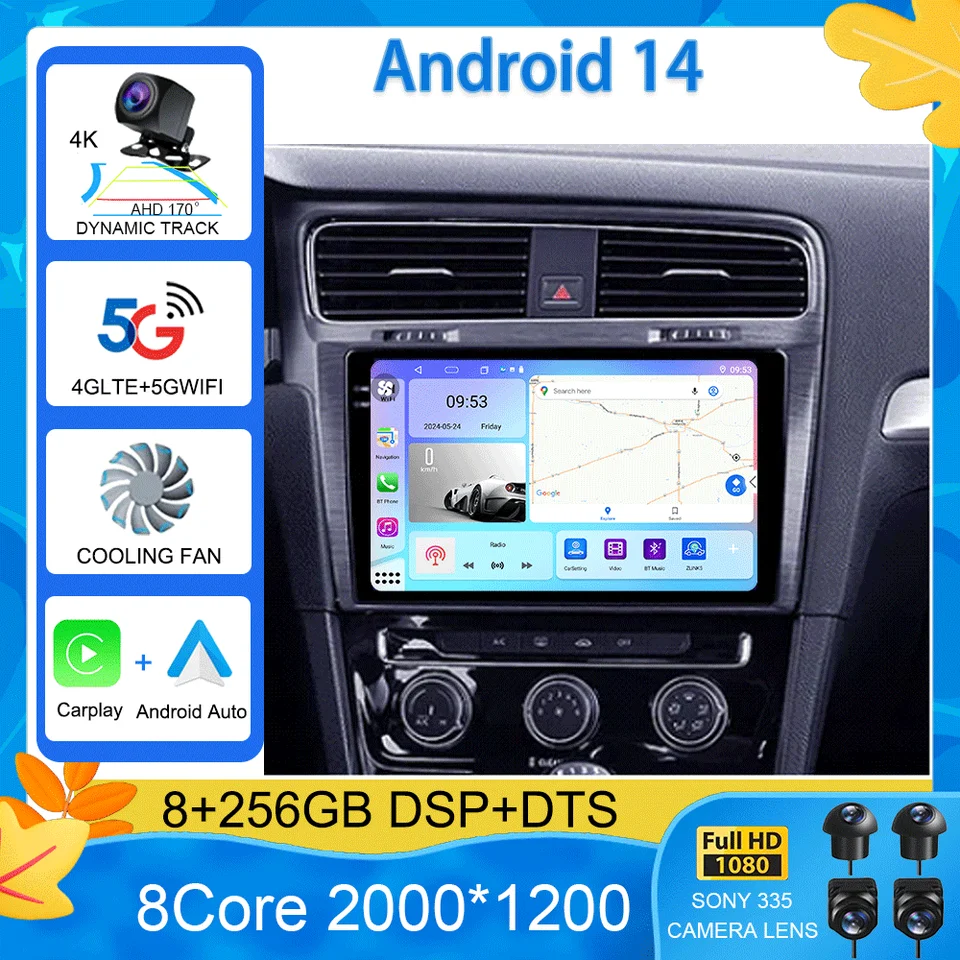 Android 14 Car Radio pre Volkswagen Golf 7 2012 - 2020 Multimediálny video prehrávač navigácia Stereo GPS No 2Din 2 DIN DVD