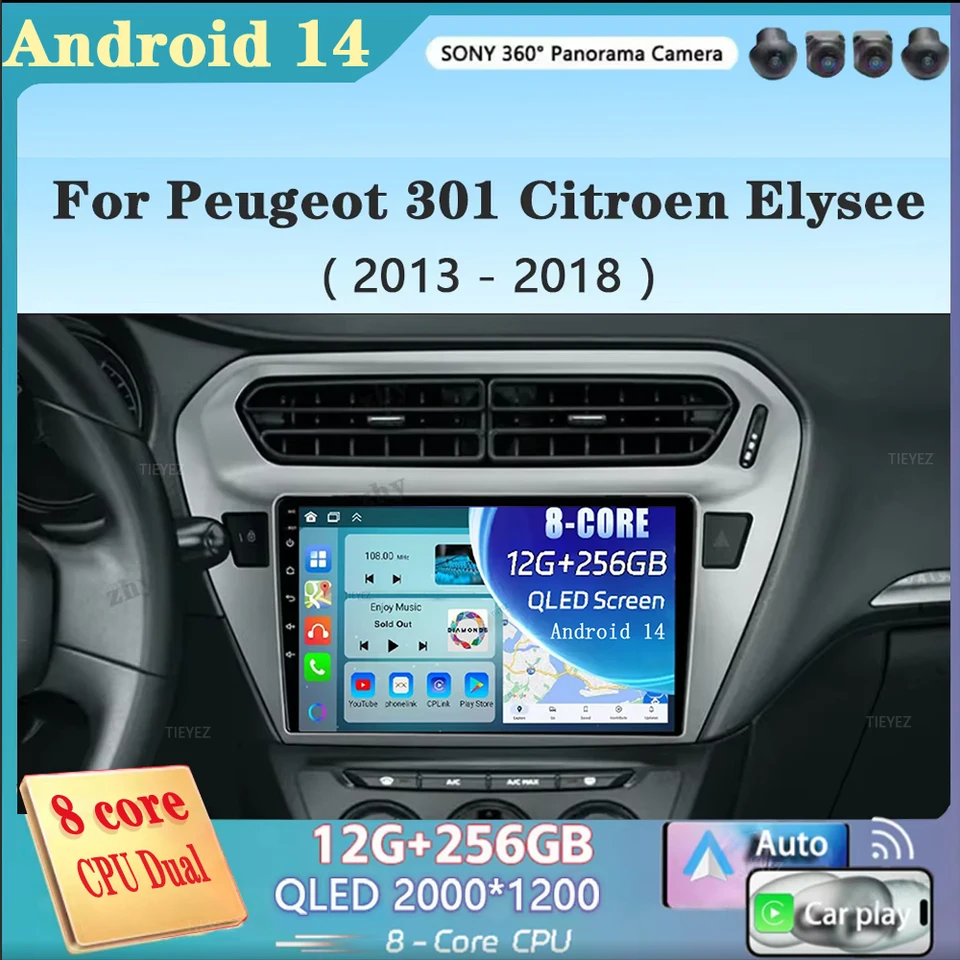 Android 14 Car Video Radio Multimedia pre Peugeot 301 Citroen Elysee 2013-2018 2 DIN Stereo Player GPS navigácia QLED DSP 4G TB