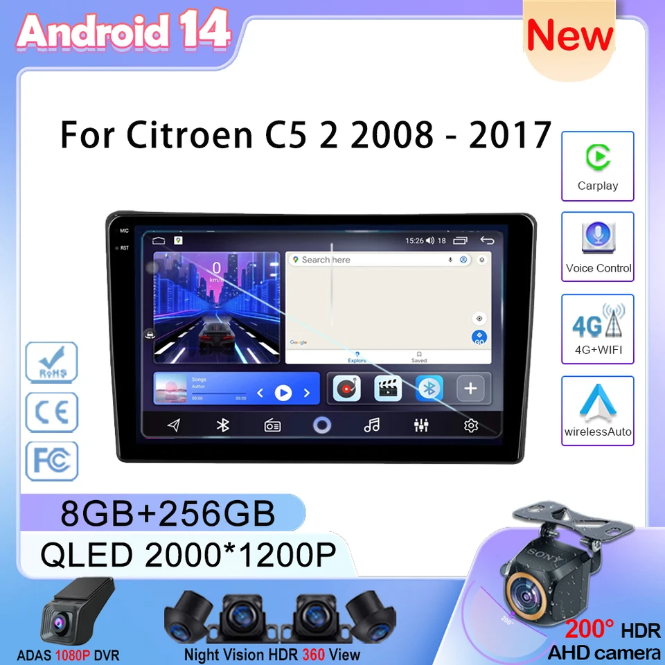 Android 14 Cardio Radio pre Citroen C5 2 2008 - 2017 Automatický prehrávač CarPlay GPS Video navigácia multimediálna hlava č. 2Din DVD