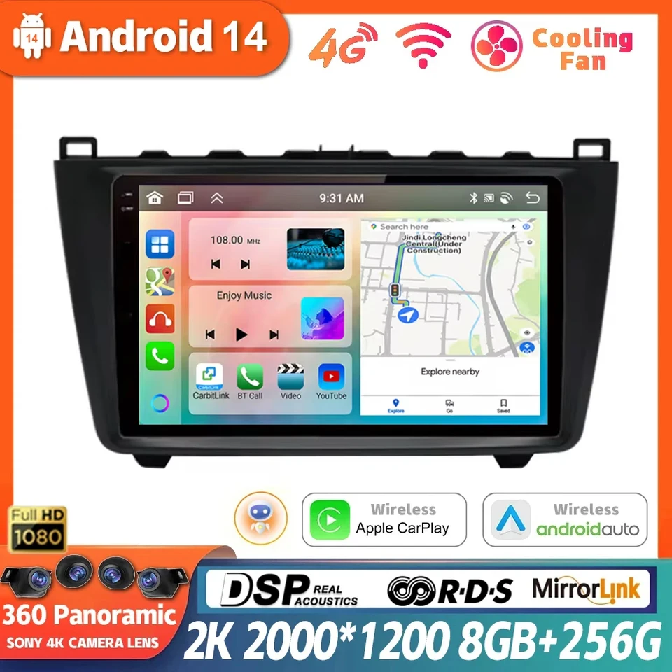 Android 14 Cardio Radio pre Mazda 6 II GH 2007-2012 Wireless CarPlay Android Auto Multimedia Player Navigation Stereo Autoradio