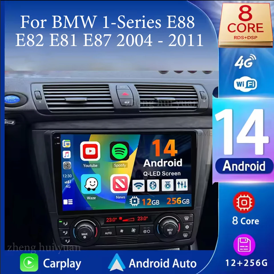 Android 14 CarPlay 4G Auto pre BMW 1 -séria E88 E82 E81 E87 2004 - 2011 2K QLED Car Radio Multimedia Video Player GPS stereo