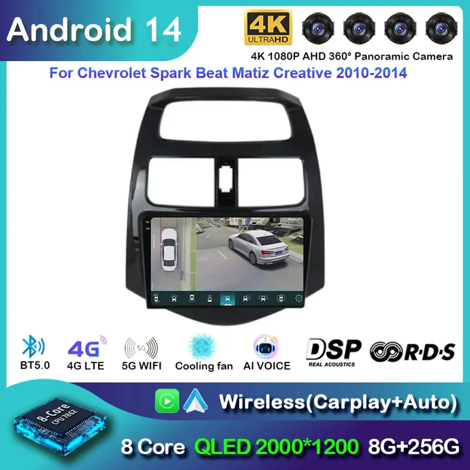 Android 14 CarPlay Auto Car Radio pre Chevrolet Spark Beat Matiz Creative 2010 - 2014 Navigation GPS Multimedia Player Stereo BT
