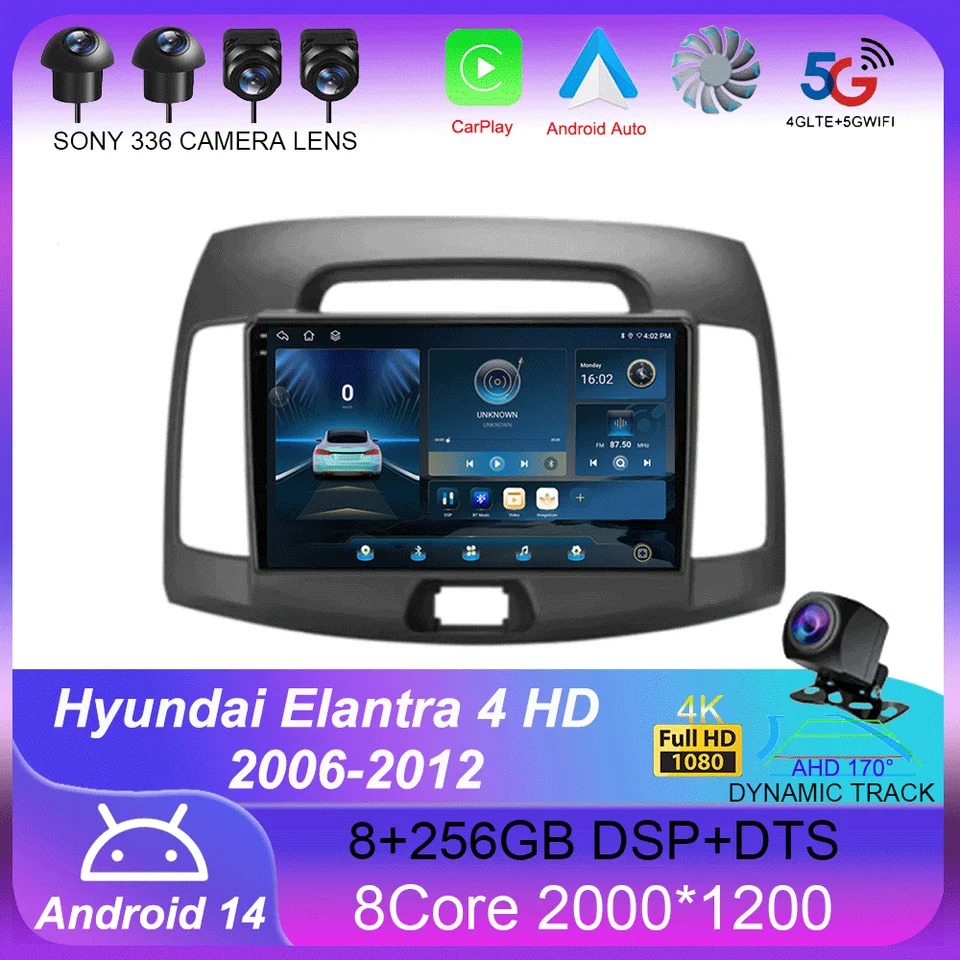 Android 14 CarPlay Auto pre Hyundai Elantra 4 HD 2006-2012 Automobilie Multimedia Video Player Navigation GPS No 2Din 2 DIN DVD