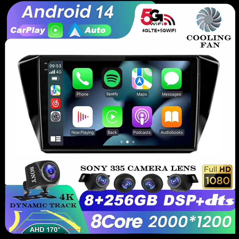 Android 14 CarPlay Auto pre SkoDa Superb 3 2015 2016 2017 2018 2018 2019 Multimedia navigačné vozidlá Video WiFi+4G Stereo