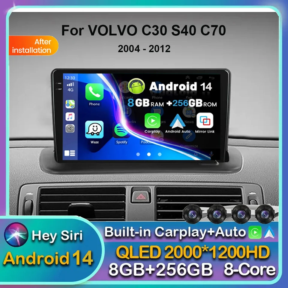 Android 14 CarPlay Auto pre Volvo C30 S40 C70 2006 -2010 2011 2012 2012 CAR Radio Multimedia Navigation Player Stereo GPS WiFi+4G DPS