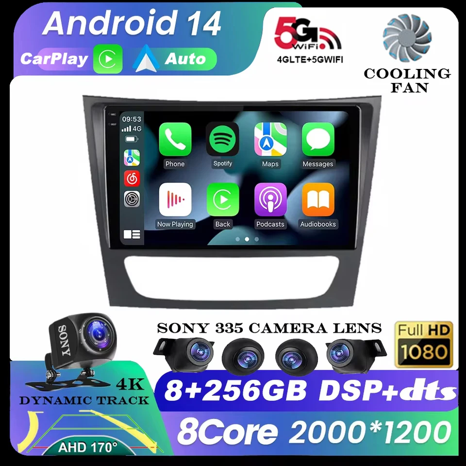 Android 14 CarPlay Car Multimédiá pre Mercedes Benz E-trieda W211 E200 E220 E300 E350 E240 E270 E280 CLS Class W219 2 DIN stereo