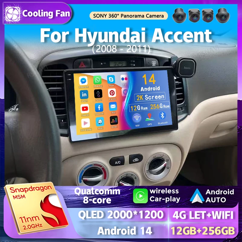 Android 14 CarPlay Car Radio pre Hyundai Accent 2008 2009 2011 2011 navigácia GPS multimediálny prehrávač WiFi+4G Auto Video Bt 2 DIN