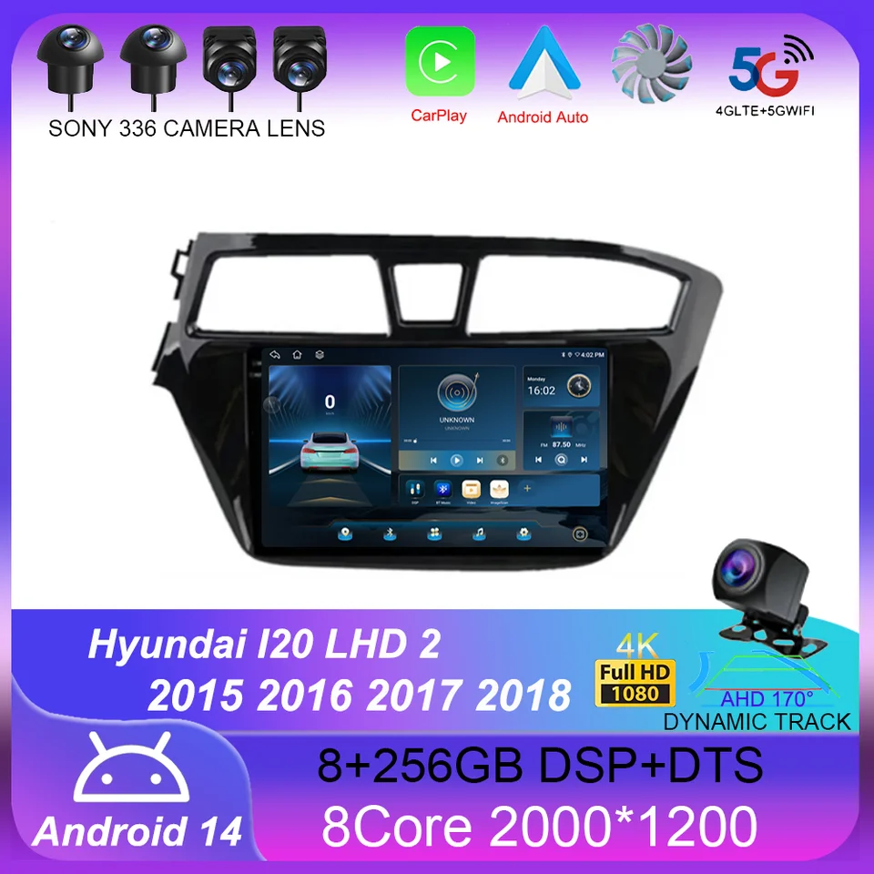 Android 14 CarPlay Car Radio pre Hyundai i20 LHD 2015 2016 2017 2018 2018 Navigation GPS multimediálny hráč WiFi+4G Auto Stereo BT DSP