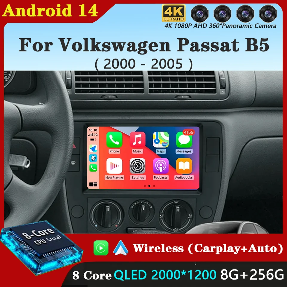 Android 14 CarPlay Car Radio pre Volkswagen Passat B5 2000 2001 2002 - 2005 navigácia GPS multimediálny hráč WiFi+4G Stereo BT