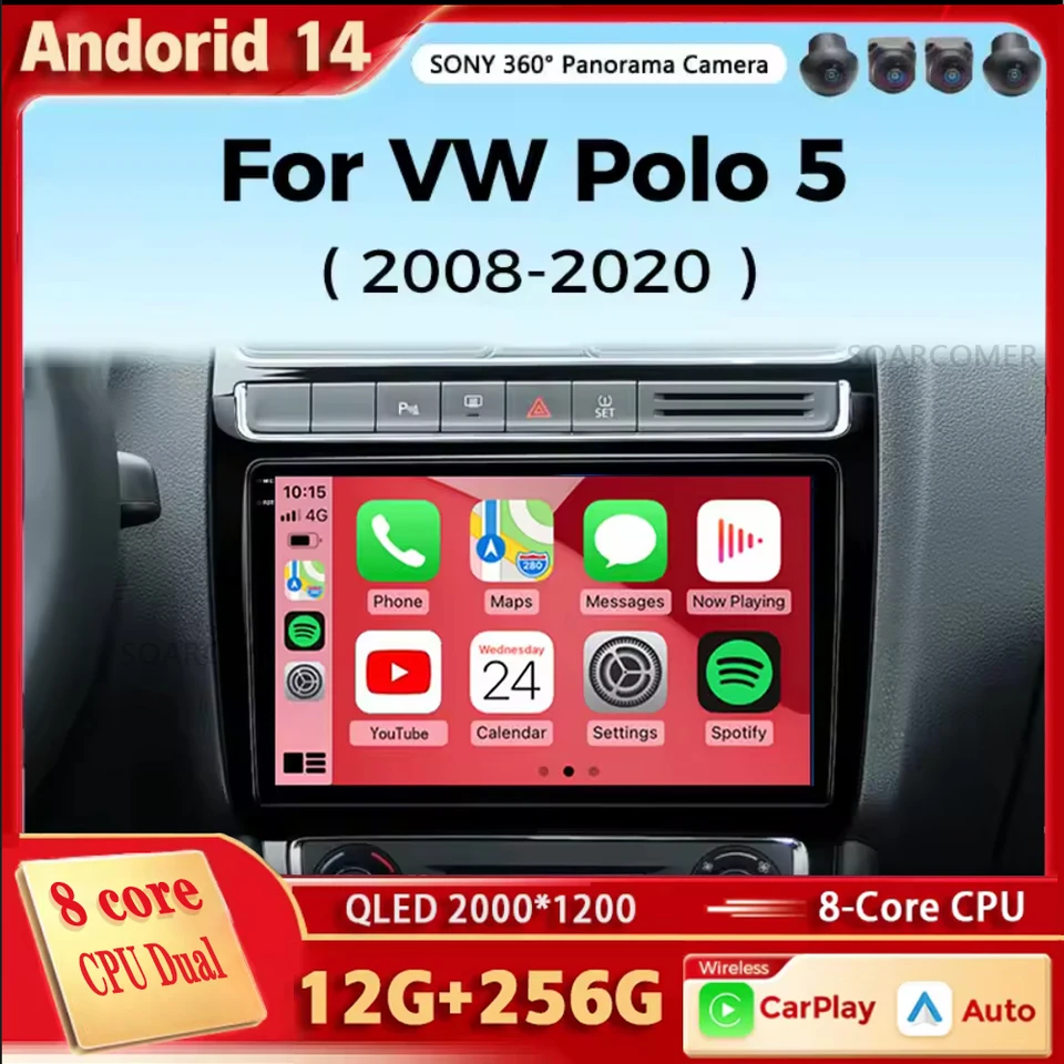Android 14 multimediálny video prehrávač pre VW Volkswagen Polo 5 2008-2017 Vento CarPlay Android 14 Auto Car Radio Stereo 48EQ 2 DIN