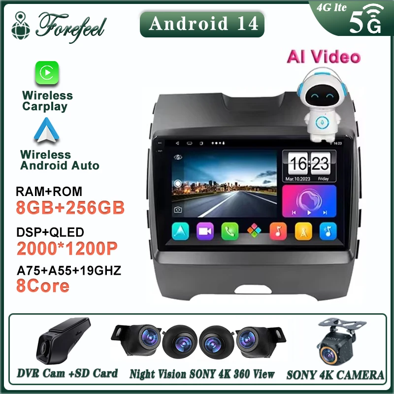 Android 14 multimédiá pre Ford Edge 2 2015 2016 2017 2018 NO 2DIN DVD GPS Lettore Video Player Autoradio Navigation Radio HDR 5G