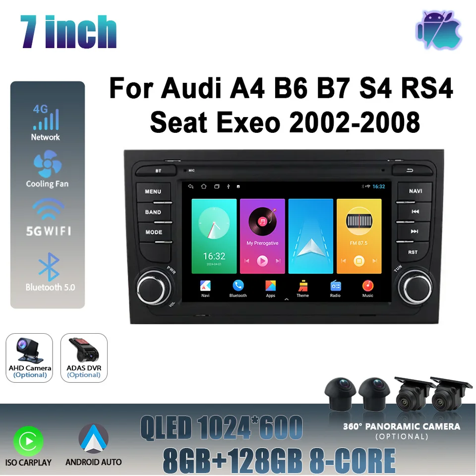 Android 14 pre Audi A4 B6 B7 S4 RS4 Seat EXEO 2002-2008 HEAD UNIT WIFI WiFI Wireless Carplay Car Radio Multimedia Navigation Player Player