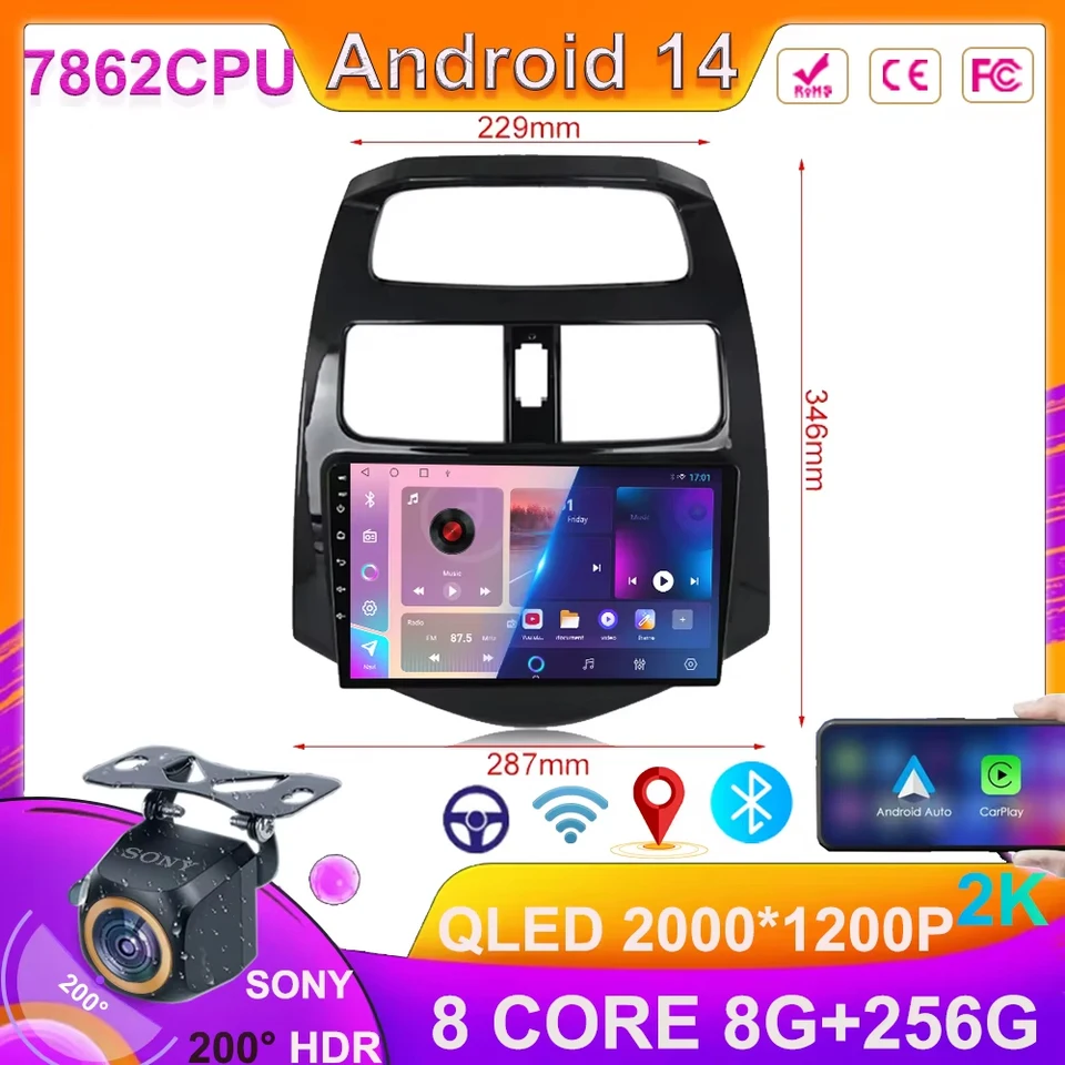 Android 14 pre Chevrolet Spark Beat Matiz Creative 2009-2016 Car Camera 360 Stereo Multimedia Video Player Qled 2000*1200p