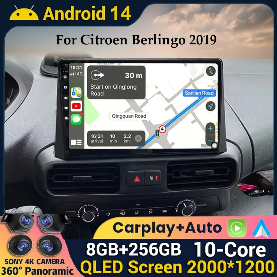 Android 14 pre Citroen Berlingo 2019 Peugeot Partner pre Peugeot Rifter pre Opel Combo Car Radio Multimedia Player Stereo GPS 4G