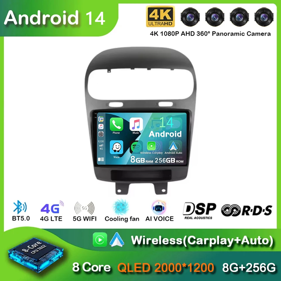 Android 14 pre Dodge Journey Fiat skok Freemont 2011 - 2020 Rádio Multimedia Player Navigation 4G+WiFi GPS DSP CarPlay Auto Auto