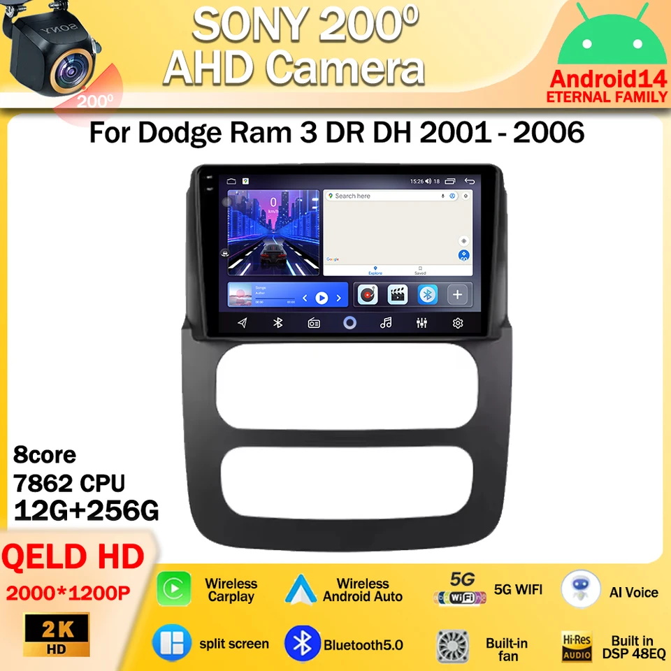 Android 14 pre Dodge Ram 3 DH DH 2001 - 2006 CAR Radio Multimedia Video Player Navigation GPS 4G WiFi Wireless CarPlay QLED DSP