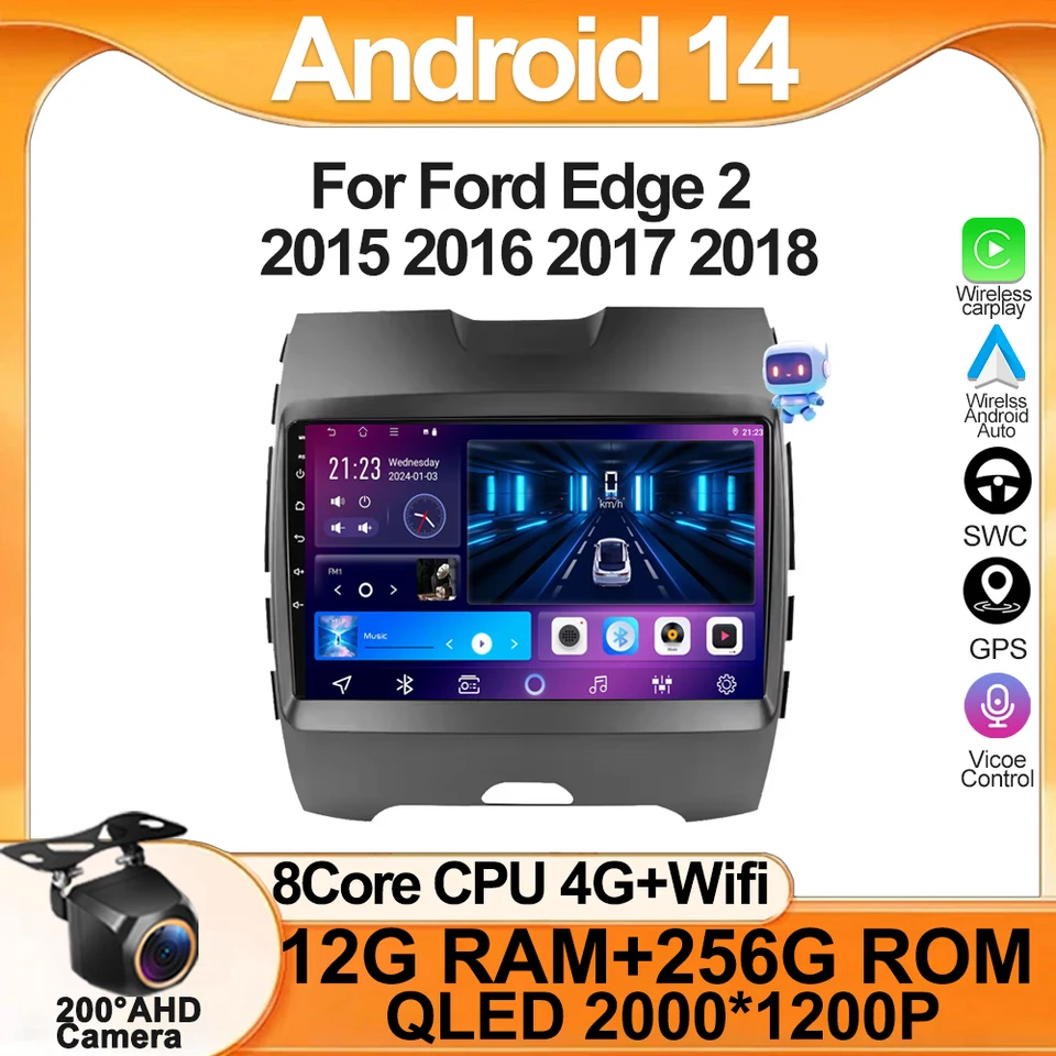 Android 14 pre Ford Edge 2 2015 2016 2017 2018 8 Core CPU Bluetooth GPS IPS Electronics Navigation CarPlay Auto Radio No 2Din
