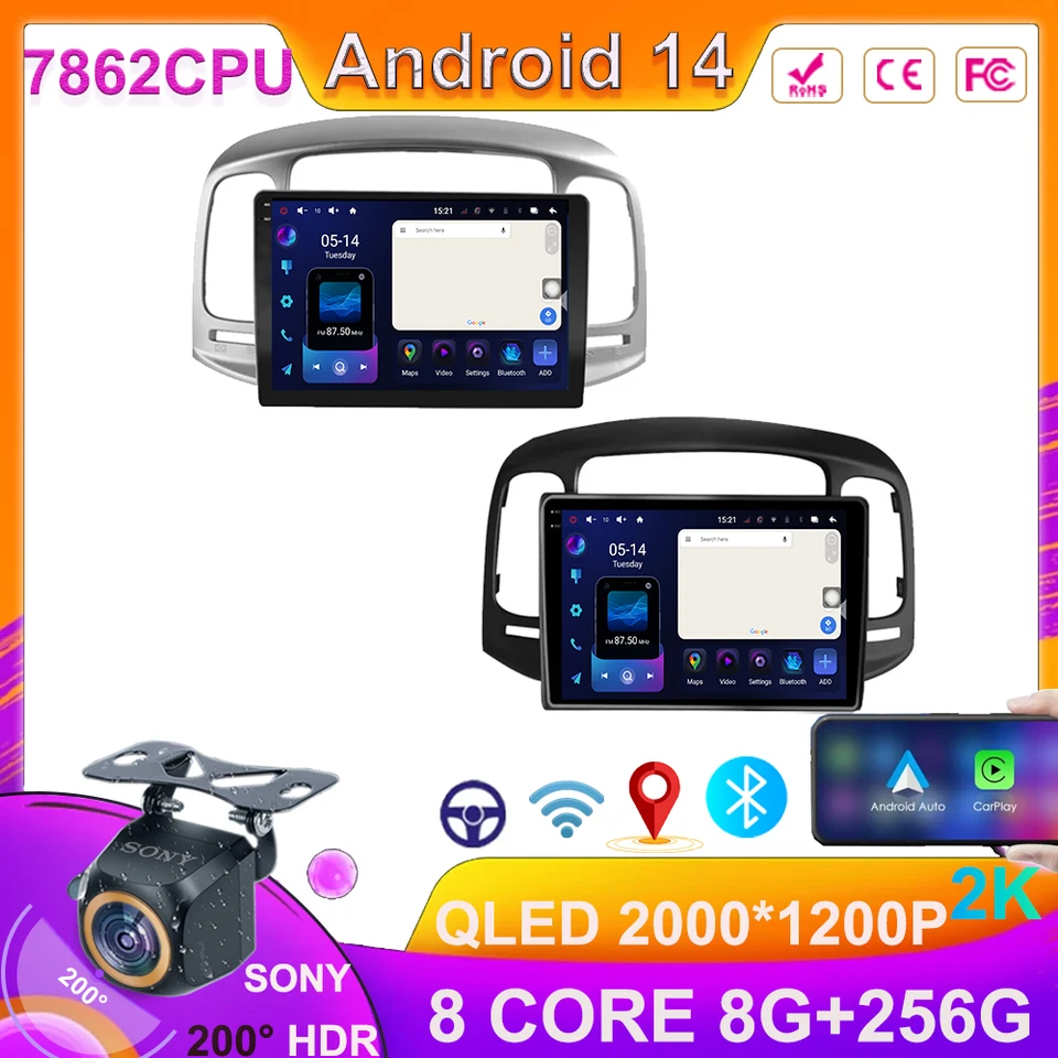 Android 14 pre Hyundai Accent 2008 -2011 7862CPU Car Radio Radio Los CarPlay Android Auto DVD Stereo Frame Plate Multimediálny adaptér
