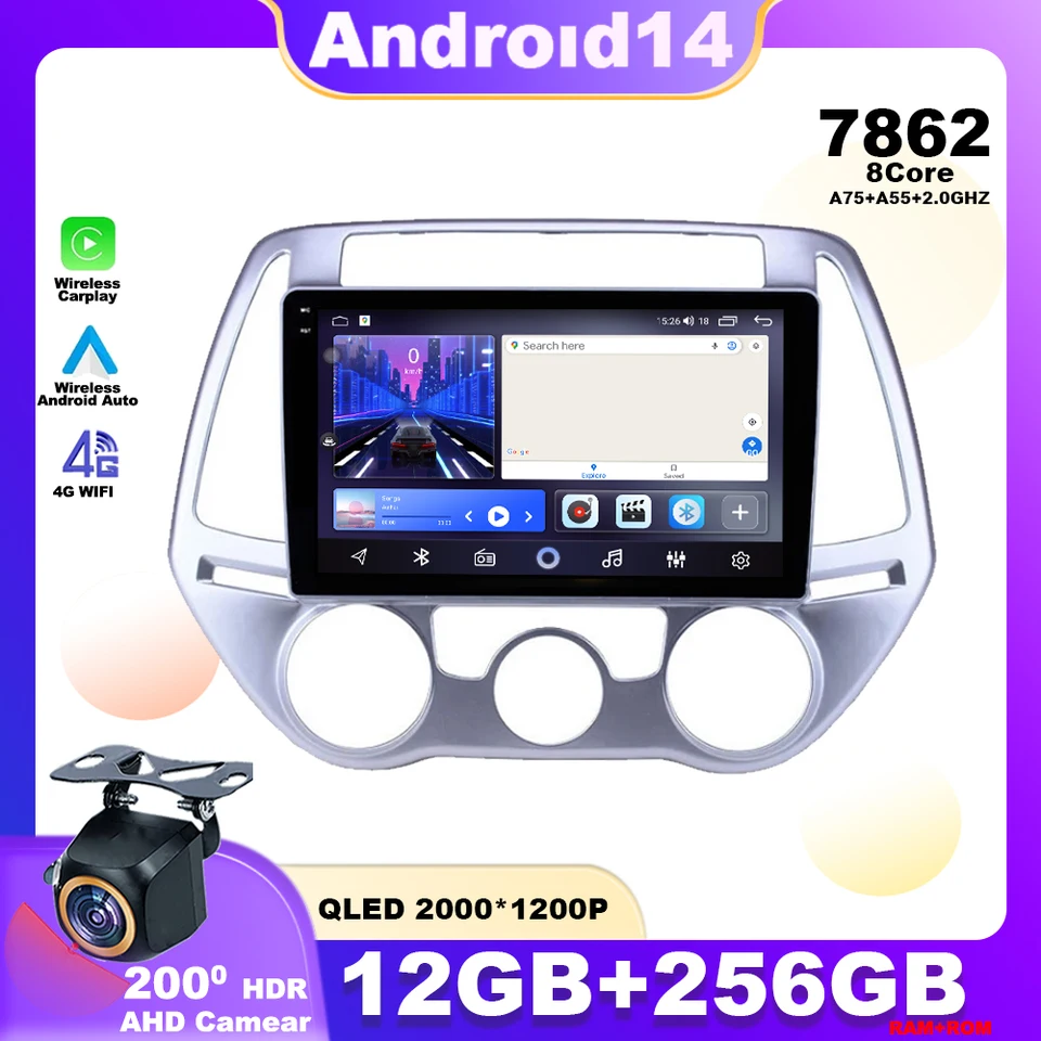 Android 14 pre Hyundai i20 PB 2012 - 2014 CAR Radio Multimedia Player Stereo Navigation GPS 4G Wireless CarPlay WiFi HDR QLED BT