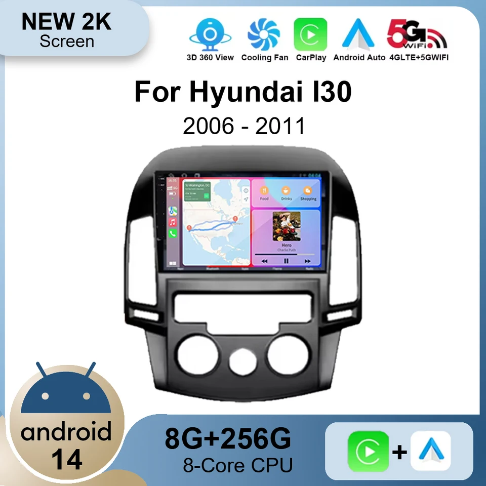 Android 14 pre Hyundai I30 2006 2007 2008 2009 2011 2011 CAR Radio Multimedia Player Stereo Head Unit GPS CarPlay Auto Navigatio