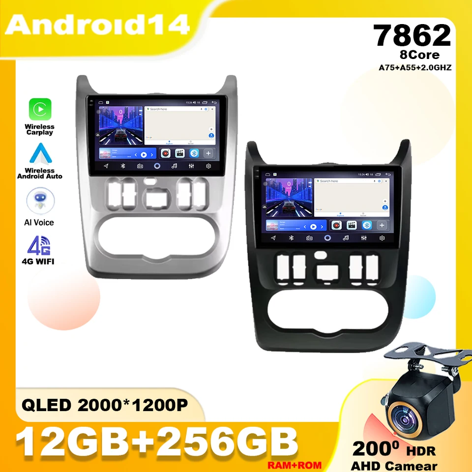 Android 14 pre Renault Logan 1 Sandero 2009 2010 2011 2012 - 2015 Car Radio Multimedia Player Navigation GPS CarPlay QLED Screen Screen