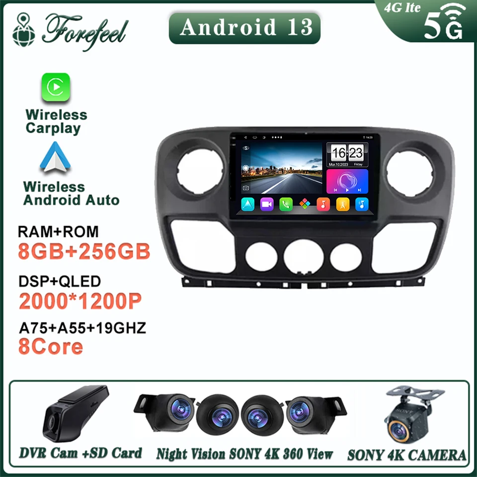 Android 14 pre Renault Master Nissan NV400 Opel Movano 2010-2021 multimediálne auto GPS Player Navigation Radio Stereo HDR Dash Cam