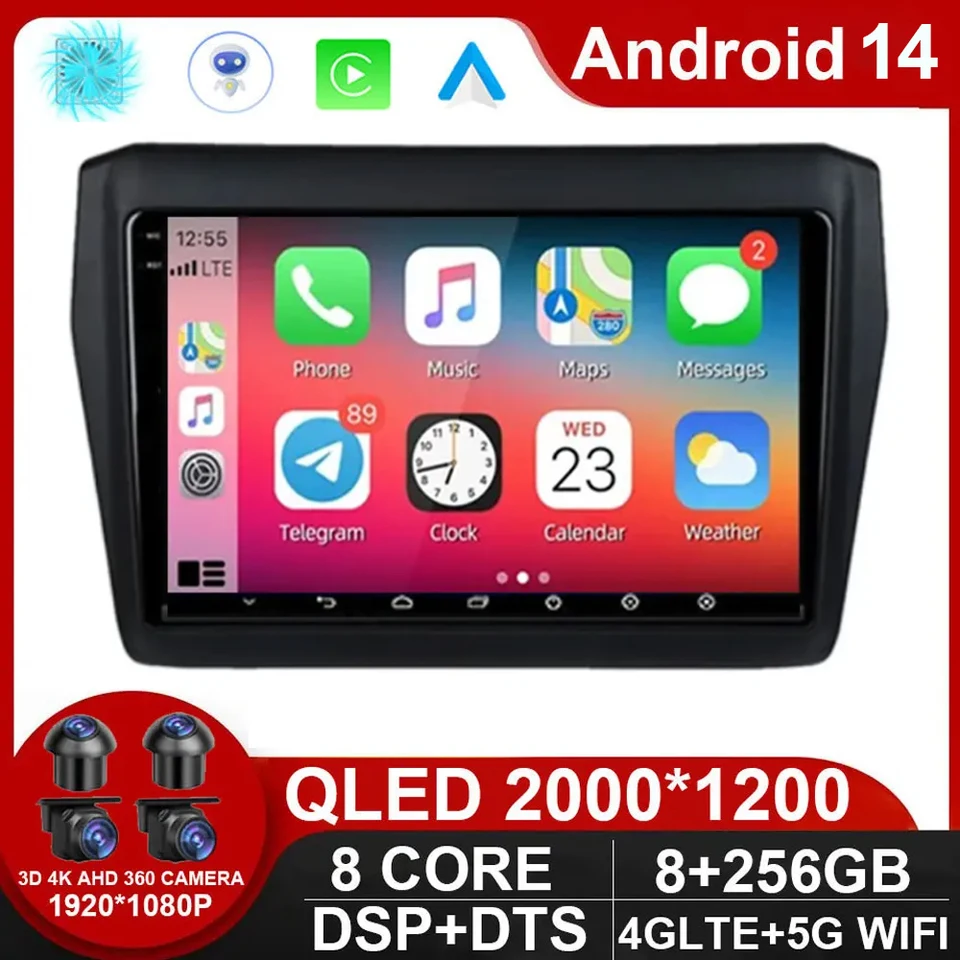 Android 14 pre Suzuki Swift 5 2016 - 2020 Automatické rádio Carplay Video Multimediálne navigačné GPS WiFi 4G Bluetooth LTE Navi