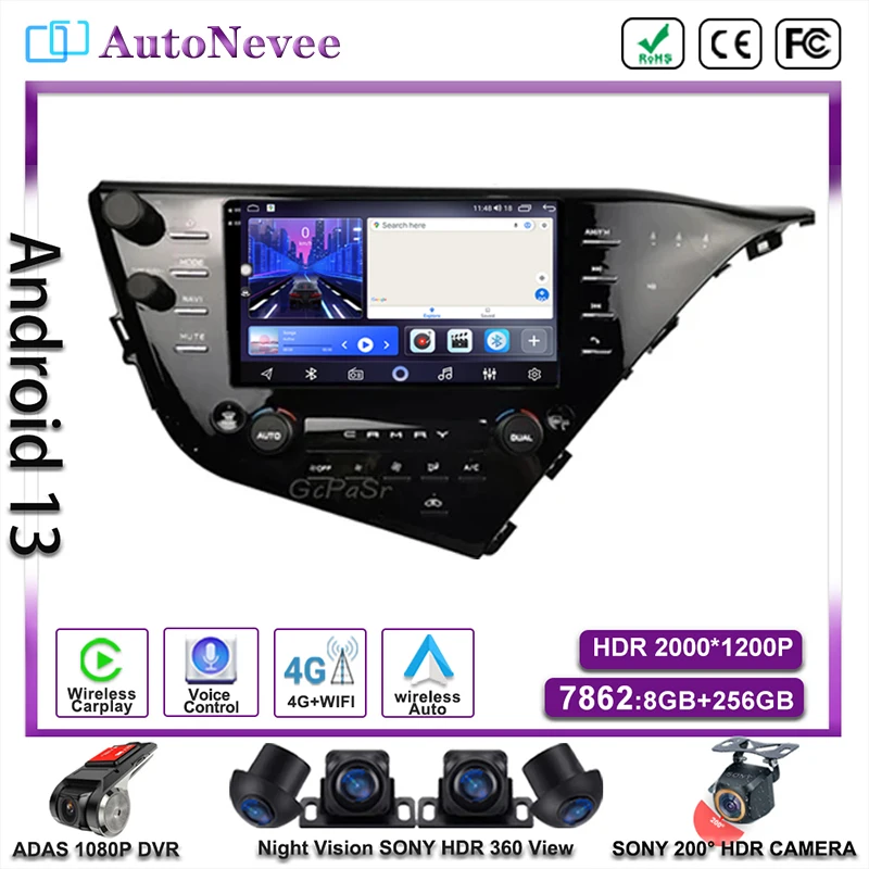 Android 14 pre Toyota Camry 8 xv 70 2017 - 2021 Radio Stereo Screen Multimedia DVD NO 2DIN CARPLAY CAR Player GPS navigácia