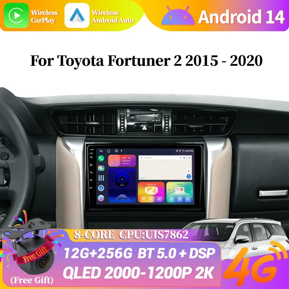 Android 14 pre Toyota Fortuner 2 2015 - 2020 Wireless Bluetooth Carplay Stereo Screen Car Radio Multimedia Navigation WiFi WiFi