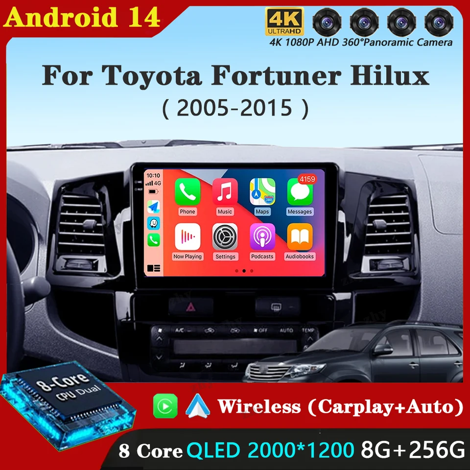 Android 14 pre Toyota Fortuner Hilux Mt 2005 2006 2007-2014 2015 CAR Radio Multimedia Video Player GPS navigácia DSP CarPlay 2K