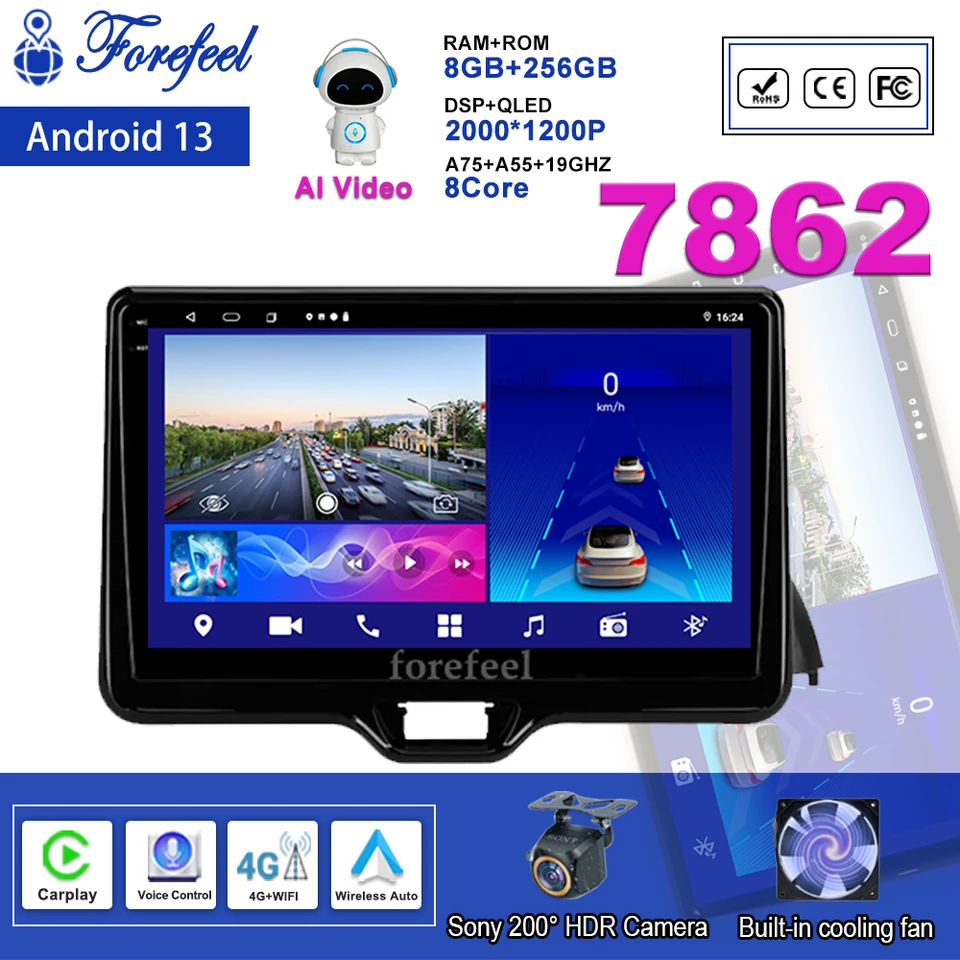 Android 14 pre Toyota Yaris VIOS 2020 - 2022 Multimediálne navigačné GPS Video Automatické zvukové prehrávač auto Stereo Carplay Monitor Radio